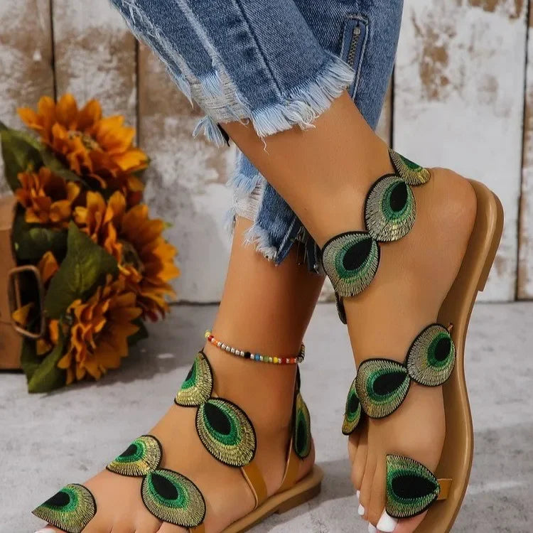 Yellow Embroidered Faux Flower Fashion Sandals Flat Plus Size 43 Summer Outdoor Beach Shoes Travel Mom Shoes - Lootquake