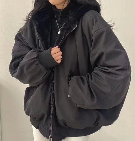 Winter New Plush Jacket American Retro Mao Collar Hooded Jackets Women Street Hip hop Gothic Harajuku Casual Cotton-Padded Coat - Lootquake