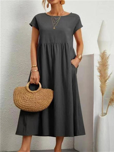 Women Elegant Solid Maxi Dress Summer Short Sleeve O Neck Vintage Harajuku Cotton Linen Loose Sundress Y2K Pockets Long Dress - Lootquake
