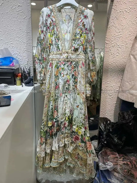 2024 New V-neck Heavy Beaded Butterfly and Flower Print Women Vacation Wear 100% Silk Multi-layer Ruffles Long Dress - Lootquake