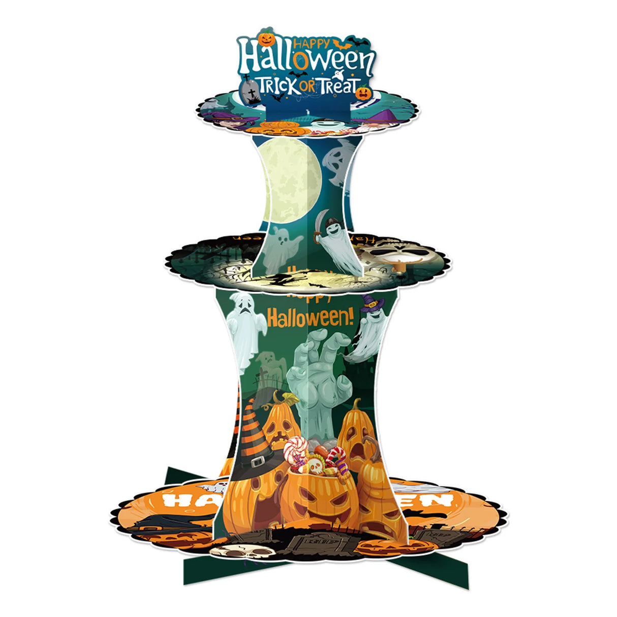3-Tier Halloween Paper Dessert Stand - DIY Spooky Party Candy Display with Ghost/Pumpkin/Bat Printed Buffet Table Decor