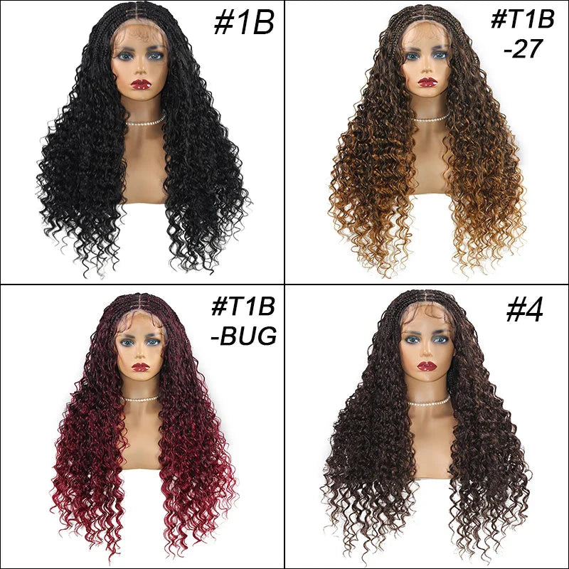 24" Boho Box Braids Lace Frontal Wig | Deep Wave Goddess Braids | Curly Ends | Black Full Lace Synthetic Wig