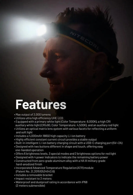 NITECORE HC65 UHE LED Headlamp 2000 Lumen USB-C Rechargeable 8 Core UHE LED Headlight Dual Beam,4000mAh 18650 Li-ion Battery - Lootquake