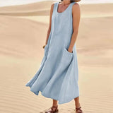 Cotton Linen Sleeveless Dress for Women Summer Pullover Skirt Vestidos Fashion Female Clothing Short Sleeved Loose Long Dress - Lootquake