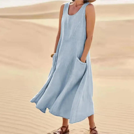 Cotton Linen Sleeveless Dress for Women Summer Pullover Skirt Vestidos Fashion Female Clothing Short Sleeved Loose Long Dress - Lootquake
