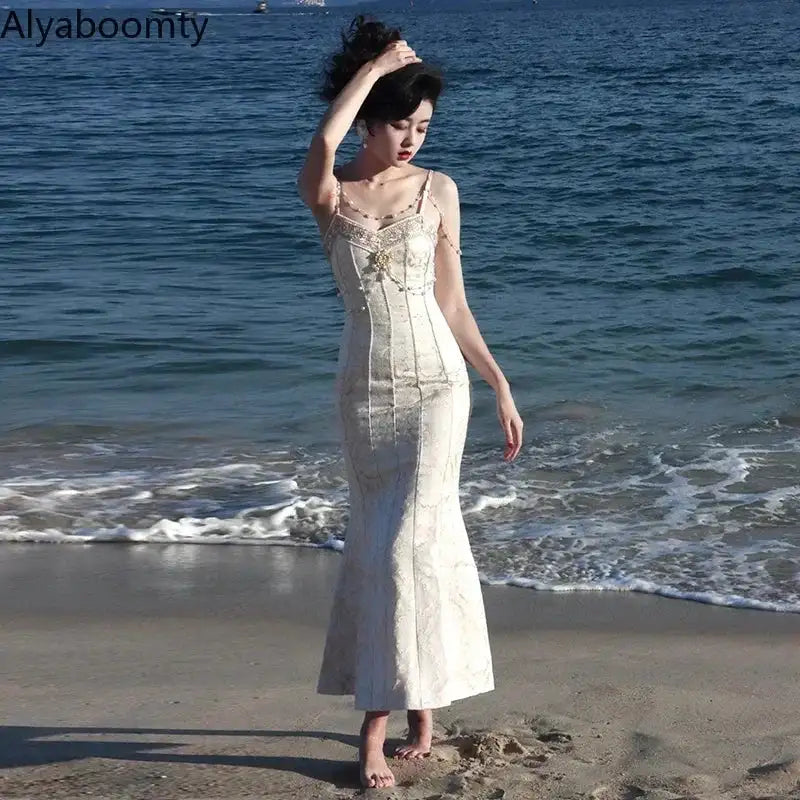 Summer Women Gorgeous Party Mermaid Prom Dress Spaghetti Strap Pearl Beading Ruffles Dress Feminine Backless Trumpet Long Dress