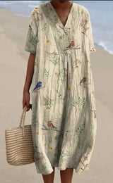 Casual Short Sleeved V-neck Big Swing Dress 2024 New Women's Loose Printed Long Dress Female Retro Flower Print Pullover Dresses - Lootquake