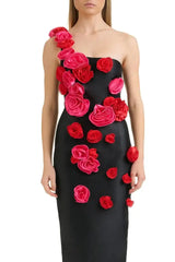 2025 New Spring Women Sexy One Shoulder Red Flowers Bodycon Bandage Long Dress Celebrate Evening Party Nightclub Dress - Lootquake