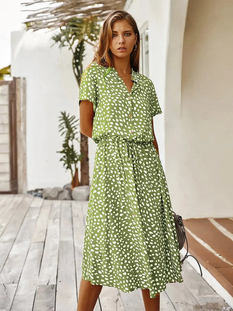 Vintage Floral Print Dress Women Boho Short Sleeve Long Dress Turn Down Collar Casual Waistband Shirt Dresses Robe 2021 Summer - Lootquake