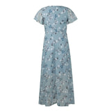 Vestidos Verano Moda 2024 Women's Swing Long Dress Chiffon Floral Short Sleeve Ruffle V Neck Fashion Waist Flowy Dress платье - Lootquake
