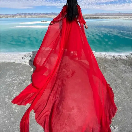 2025 Spring/Summer Silk Dress with Charm Seaside Vacation Beach Dress Red Extra Long Tailed Long Dress White Elegant And Gracefu - Lootquake