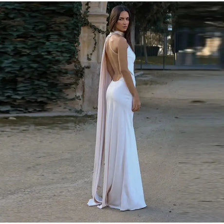 Elegant Satin Halter Slim Long Dress With Scarf Women New Sexy Backless Sleeveless Maxi Dresses Summer Lady Party Chic Vestidos - Lootquake