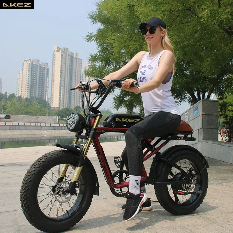 Bicicleta eléctrica retro de 1500 W, 48 V, 36 Ah, 20 x 4 pulgadas, neumáticos anchos, para montaña y nieve, AKEZ, motocicleta para adultos.