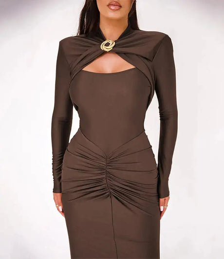 GACVGA Sexy Hollow Out Ruched Maxi Dress For Women 2024 Autumn Winter Long Sleeve Slit Slim Elegant Party Evening Long Dress - Lootquake