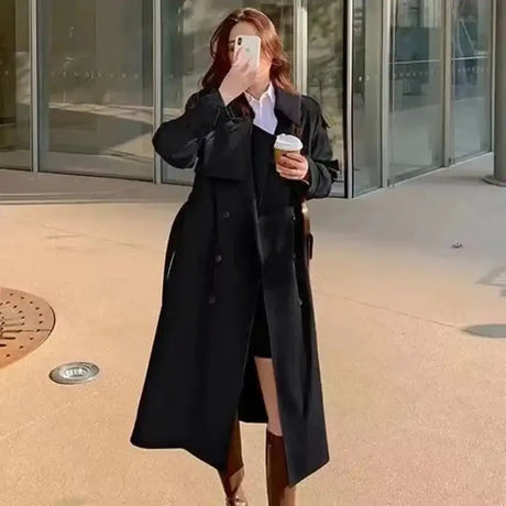 Streetwear Loose Trench Coat Midi Length Fashion Korean Elegant Khaki Black Women's Windbreaker Coat Casual Double Breasted Tops - Lootquake