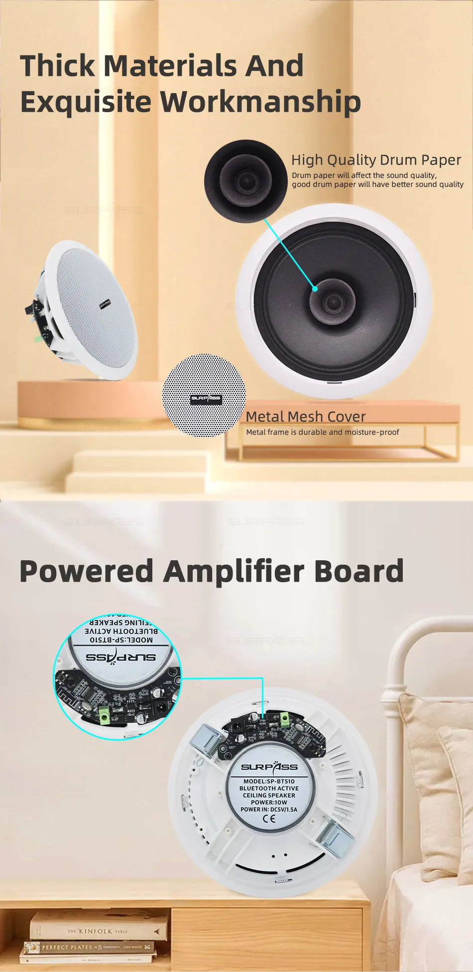 Amplificateur de classe D intégré, haut-parleur de plafond compatible Bluetooth à gamme complète, pour musique de fond de cinéma maison, bonne qualité