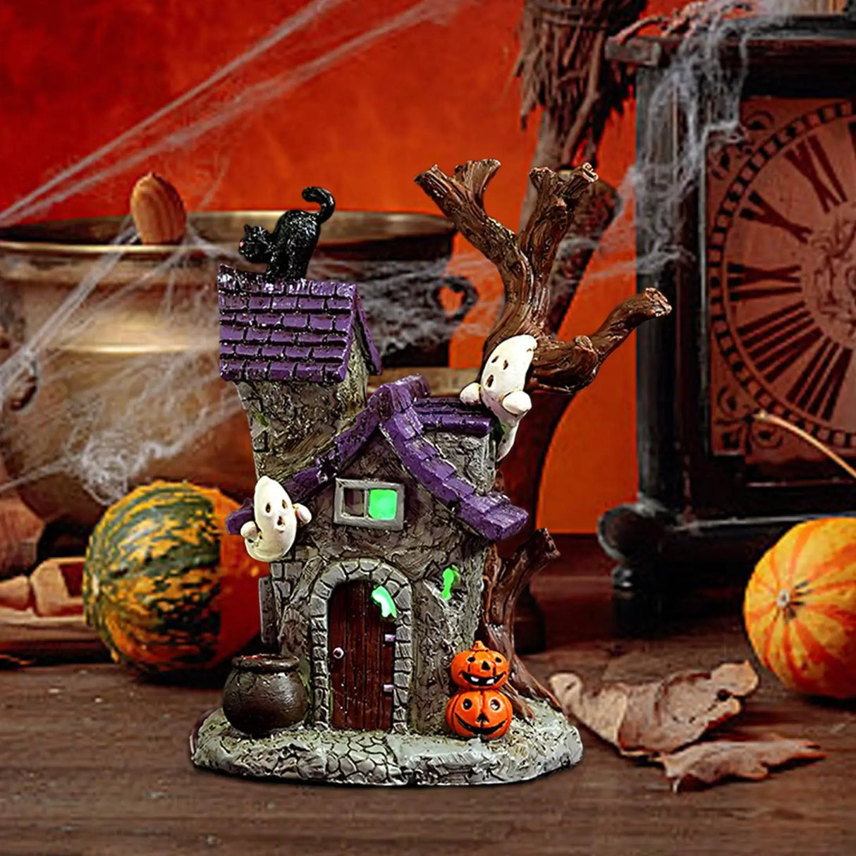 Haunted House Table Decor Glowing Halloween Decorations Resin with Ghost Table Ornament Figurines for Garage Fireplace Bathroom
