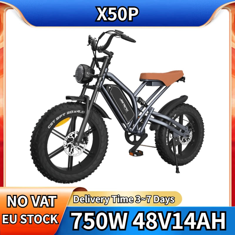 Bicicleta eléctrica X50P con motor de 750 W, batería de litio de 48 V y 14 Ah, estilo retro, para adultos, neumáticos anchos de 20 x 4,0 pulgadas.