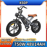 Bicicleta eléctrica X50P con motor de 750 W, batería de litio de 48 V y 14 Ah, estilo retro, para adultos, neumáticos anchos de 20 x 4,0 pulgadas.
