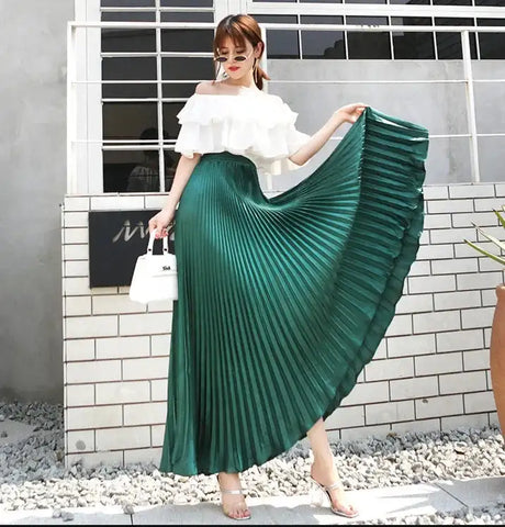 High-Waisted Vintage A- Line Accordion Skirt European Style Pleated Dress Metal Color Wide Hemline Long Dress For Women - Lootquake