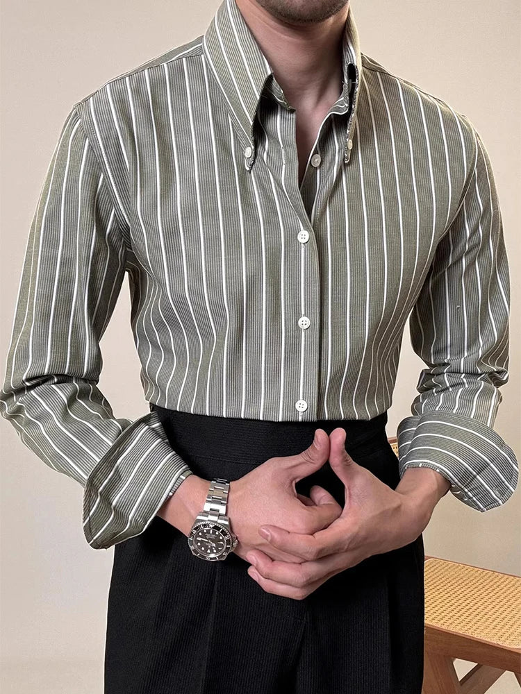 Vintage Striped Printed Slim Shirts Mens Casual Long Sleeve Lapel Buttoned Shirt 2025 Spring Fall Mens Shirt Naple Style Clothes