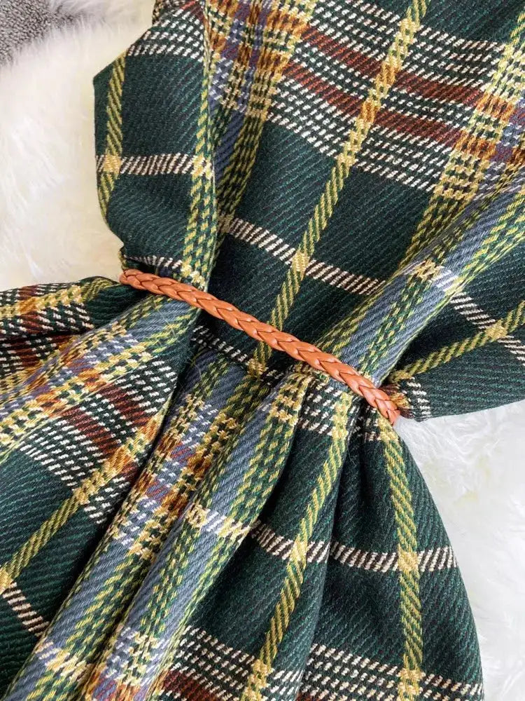 Autumn Winter Plaid Woolen Dress Women Vintage V Neck Sleeveless Long Dress With Belt Streetwear Sundress - Lootquake