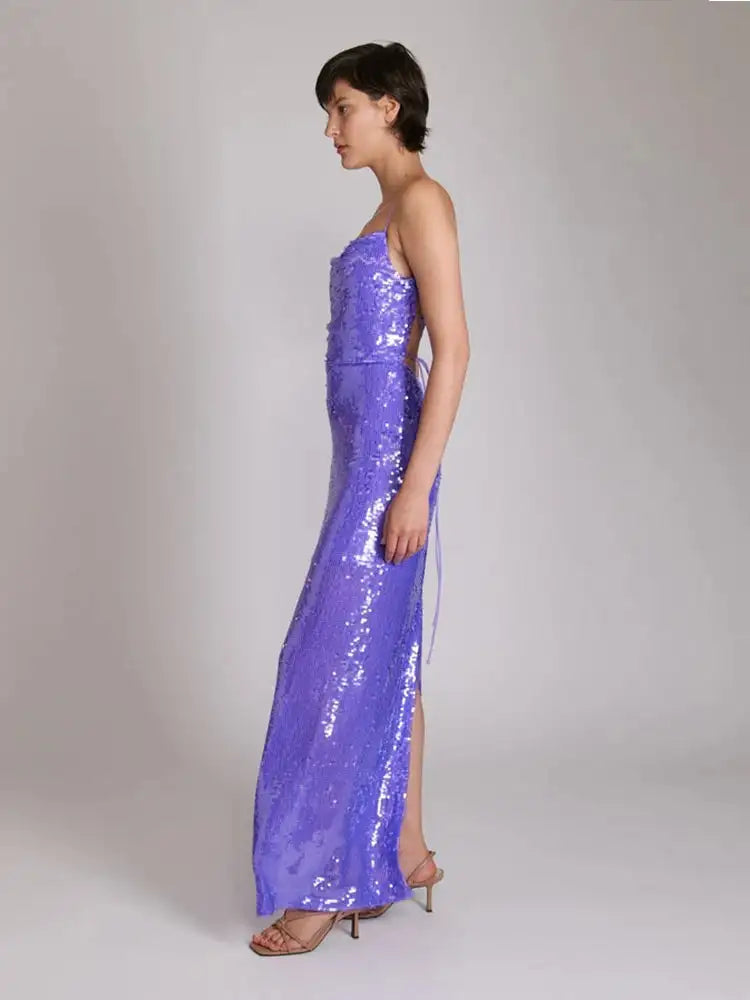 New Sexy Sleeveless Backless Lace-up Slim Long Dress Summer Elegant Pleated Backless Bright Sequins Dress Luxury Evening Dresses - Lootquake