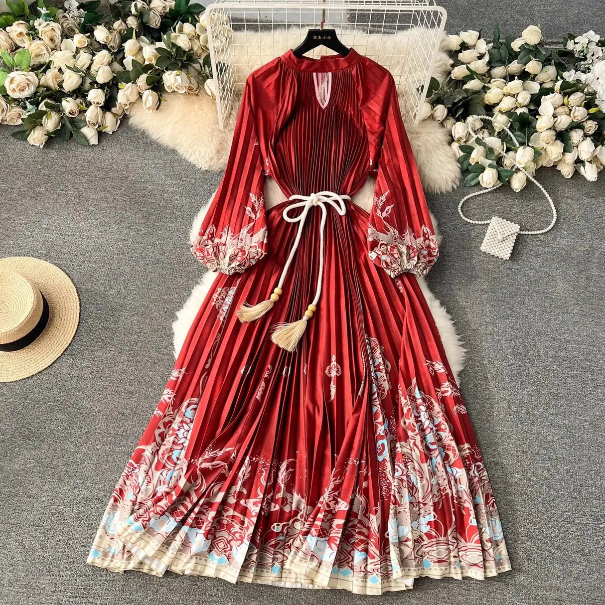 Spring Holiday Print Long Dress For Women Fashion Loose Lantern Sleeve Party Robe Female Big Swing Tassels Belt Pleated Clothes