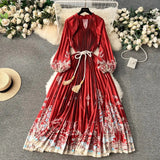 Spring Holiday Print Long Dress For Women Fashion Loose Lantern Sleeve Party Robe Female Big Swing Tassels Belt Pleated Clothes
