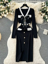 SINGREINY Office Lady Sweater Long Dress 2023 Bow Single Breasted Elastic Split Women Autumn Dress Fashion Senior Knitted Dress