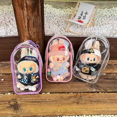 Colorful Transparent Protector Case Organizer Box for 17cm Labubu Plush Dolls Outdoor Display Bag With Keychain Doll Accessories - Lootquake