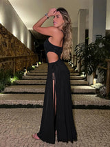 2024 Fashion New Women's Sexy Vacation Dress Solid Long Dress Cut Out Exposed Waist High Slit Suspender Long Skirt - Lootquake