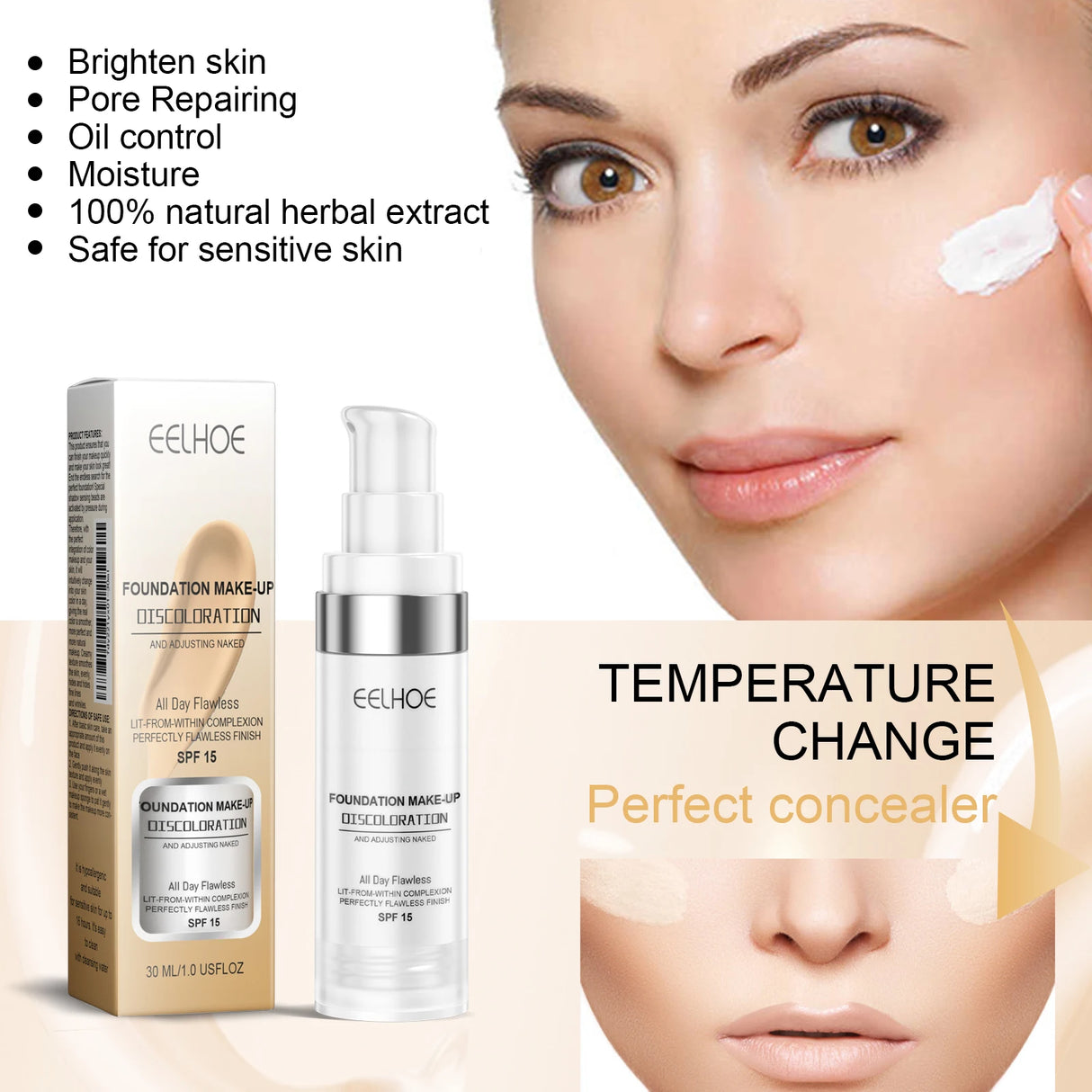 30ml Concealer Color-Changing Foundation Brightens the complexion, is clear, moisturizing, waterproof, and does not fade