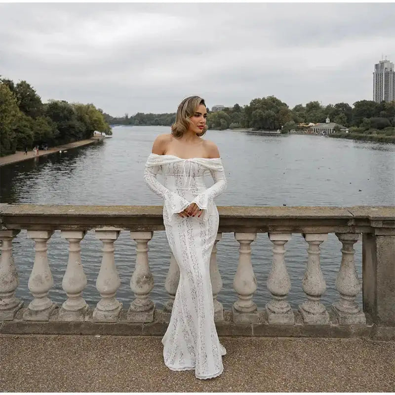 Lace Hollow Out One-shoulder Slim Long Dress For Women Solid Lace Up Waistless Dresses 2024 Chic Sexy Female Party Date Robes - Lootquake