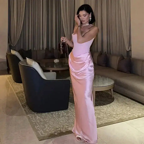 Sexy Strapless Patchwork Long Dress Women Slim Sleeveless Pleated Mermaid Dresses 2025 Spring Summer Lady Evening Solid Robe - Lootquake