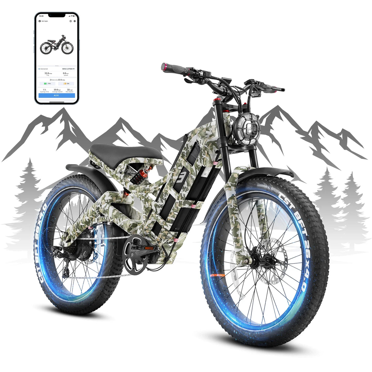 Bicicleta eléctrica Romeo con motor de 1200 W, 48 V, 60 Ah, 34 mph, velocidad máxima, 26 x 4 pulgadas, neumáticos anchos todoterreno, para acampar, para adultos.