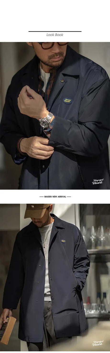 Maden Men's Vintage Balmacaan Waterproof Windbreaker Coat Single-Breasted Mid-Length Classic Collar Jacket for Spring and Autumn - Lootquake