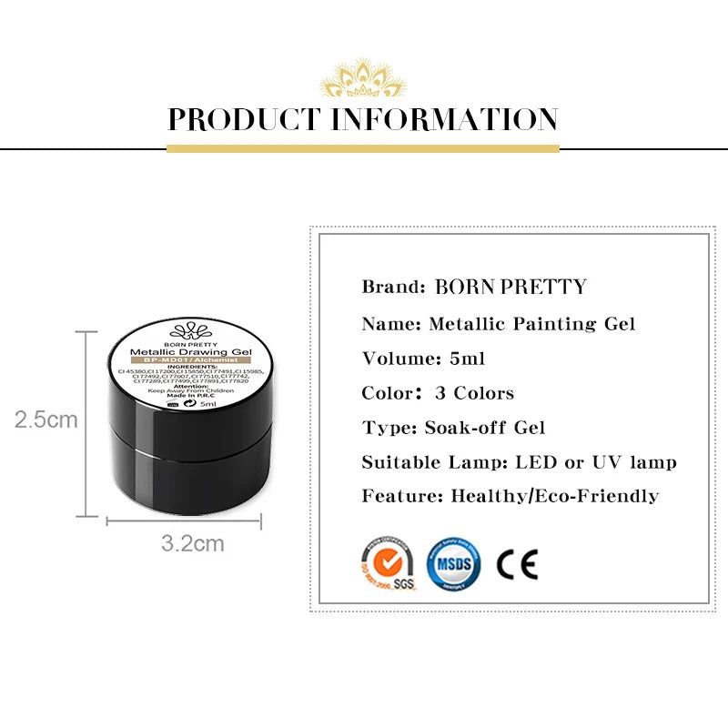 BORN PRETTY Metallic Painting Gel Gold Silver Mirror Effect Nail Polish Super Bright Drawing Line French Nail UV Painting Varnis