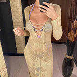 Deep V Dress Lace Up Long Sleeve Women Split Maxi Dress Crochet Knitted Tunic Mesh Sheer Sexy Bodycon Long Dress Vestido V4146B - Lootquake