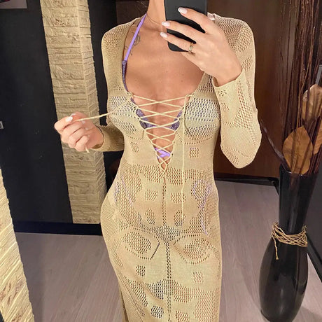 Deep V Dress Lace Up Long Sleeve Women Split Maxi Dress Crochet Knitted Tunic Mesh Sheer Sexy Bodycon Long Dress Vestido V4146B - Lootquake