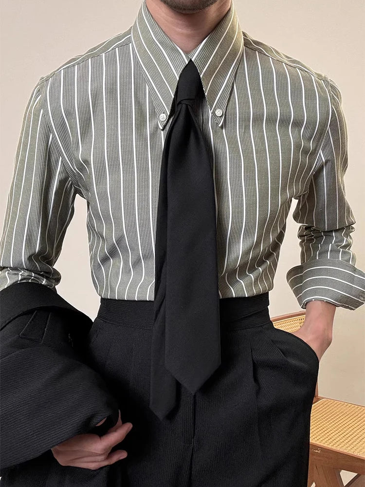 Vintage Striped Printed Slim Shirts Mens Casual Long Sleeve Lapel Buttoned Shirt 2025 Spring Fall Mens Shirt Naple Style Clothes