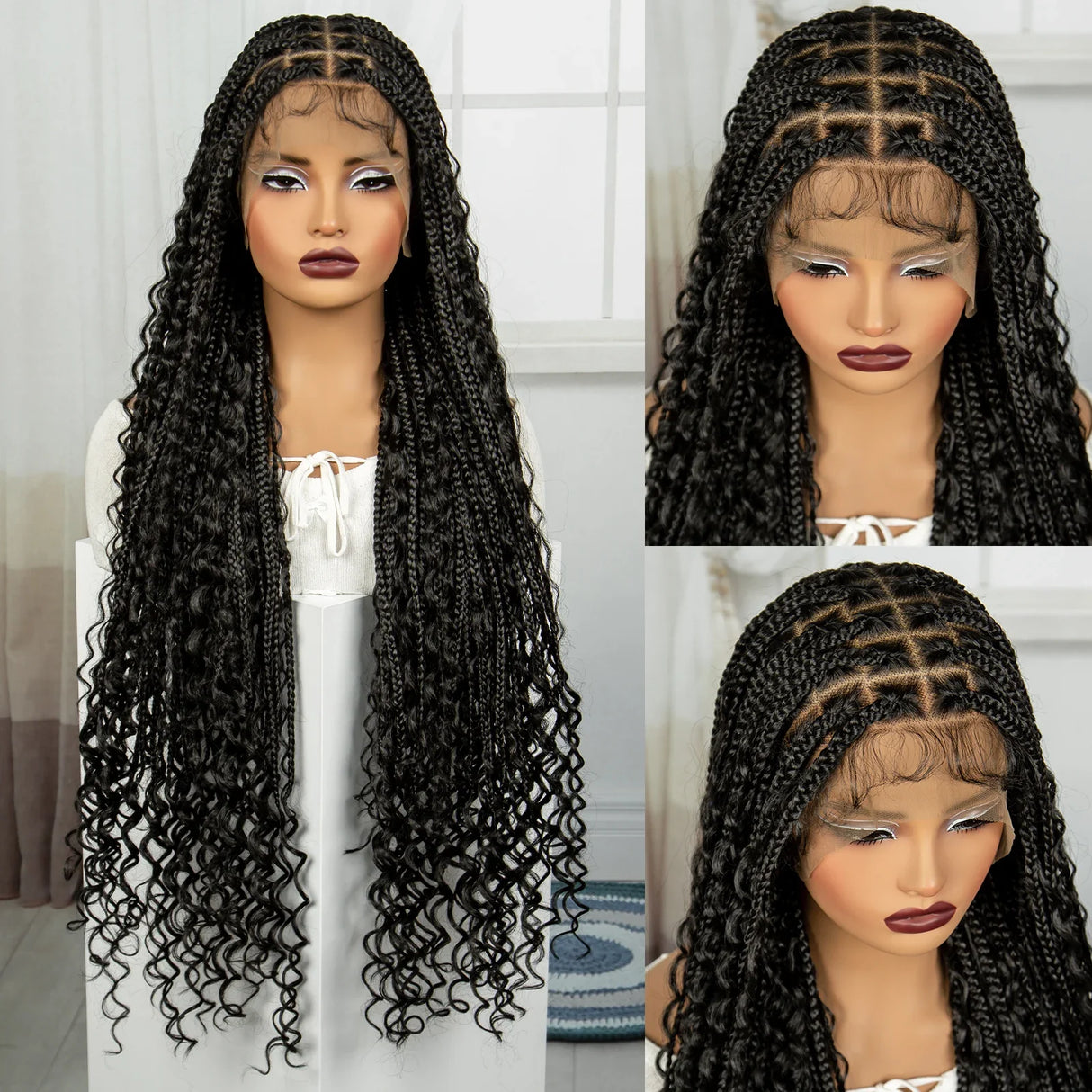 36" Boho Knotless Box Braids Wig with Curly Ends | Full Lace | Baby Hair