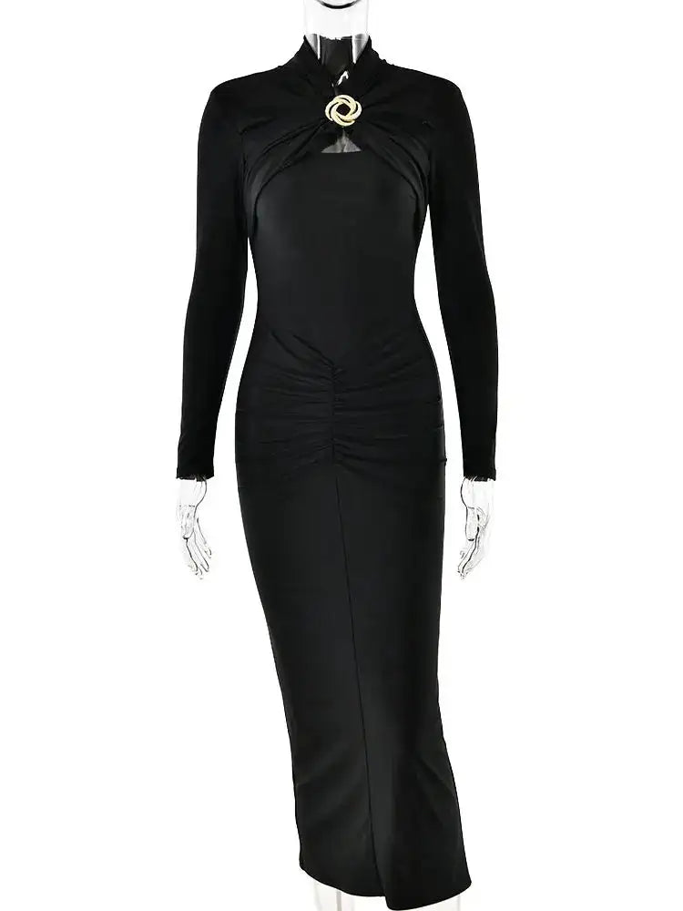 GACVGA Sexy Hollow Out Ruched Maxi Dress For Women 2024 Autumn Winter Long Sleeve Slit Slim Elegant Party Evening Long Dress - Lootquake