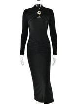 GACVGA Sexy Hollow Out Ruched Maxi Dress For Women 2024 Autumn Winter Long Sleeve Slit Slim Elegant Party Evening Long Dress - Lootquake