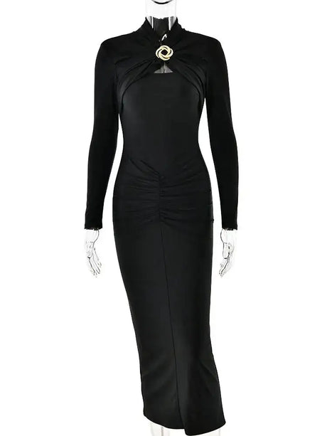 GACVGA Sexy Hollow Out Ruched Maxi Dress For Women 2024 Autumn Winter Long Sleeve Slit Slim Elegant Party Evening Long Dress - Lootquake