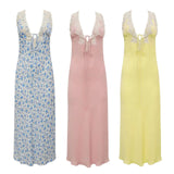 Y2K Chic Women Lace Trim Long Dress 90s Vintage Sexy V Neck Tie Up Backless Bodycon Elegant Lady Club Party Night Cocktail Dress - Lootquake