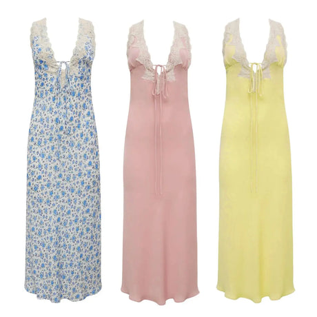 Y2K Chic Women Lace Trim Long Dress 90s Vintage Sexy V Neck Tie Up Backless Bodycon Elegant Lady Club Party Night Cocktail Dress - Lootquake