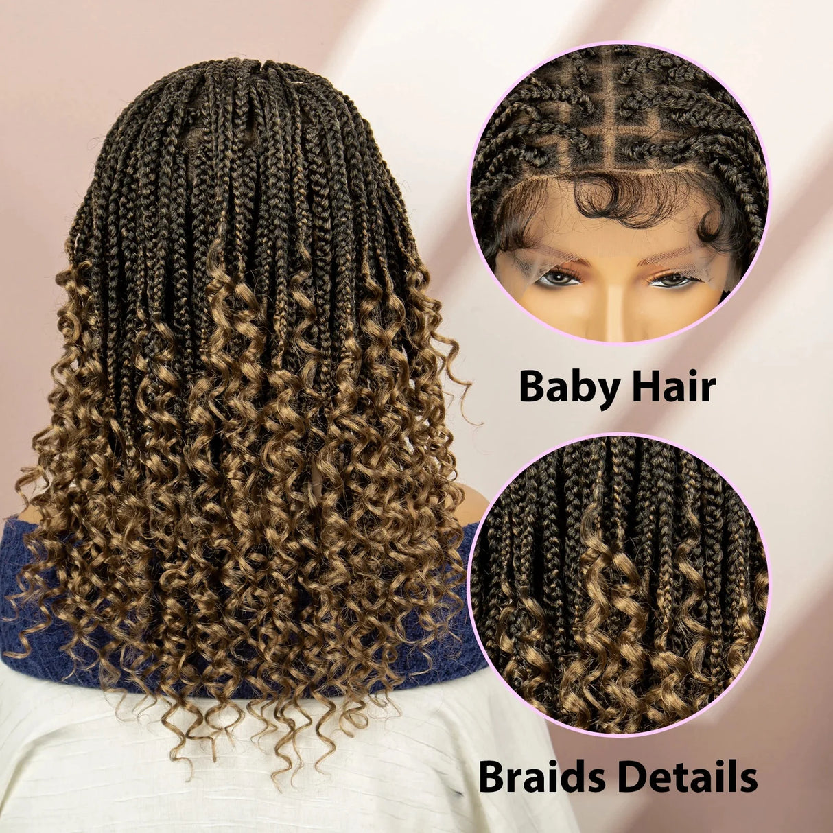 16" Short Brown Box Braided Full Lace Wig | Curly Ends | African Braids | Black Women