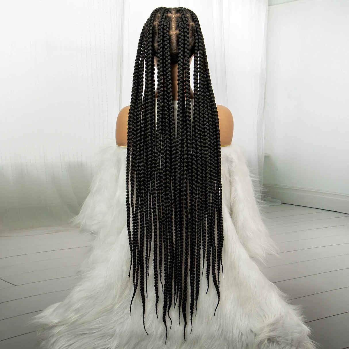 34" Knotless Box Braids Full Lace Wig | Long Black Synthetic Braids | Transparent Lace