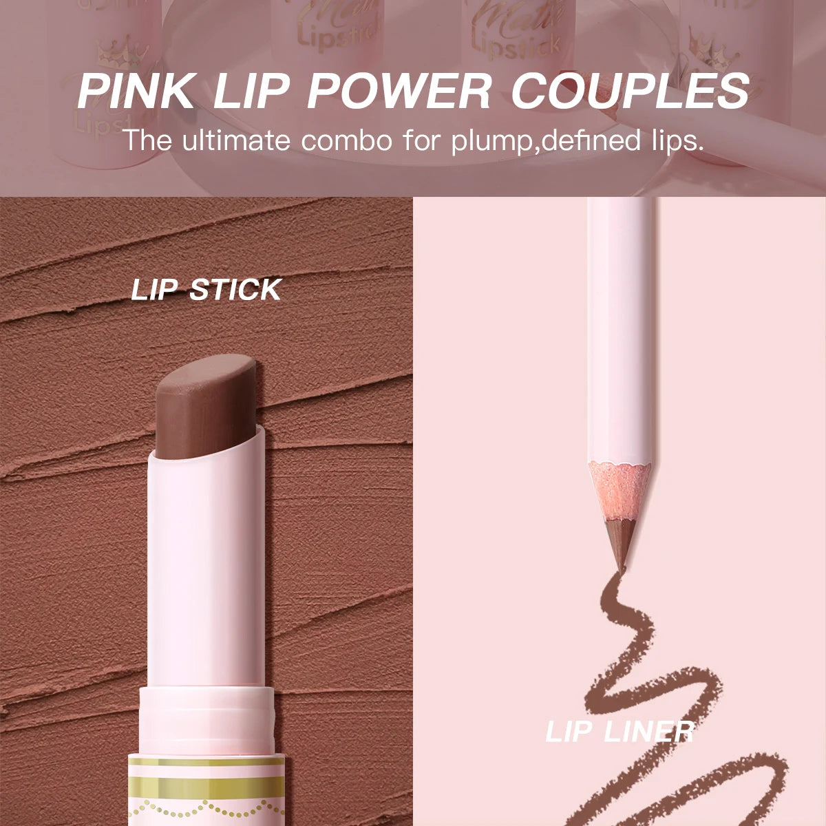 USHAS,Lipstick + lip liner set, matte finish, waterproof, long-lasting and non-staining, velvet nude lip gloss